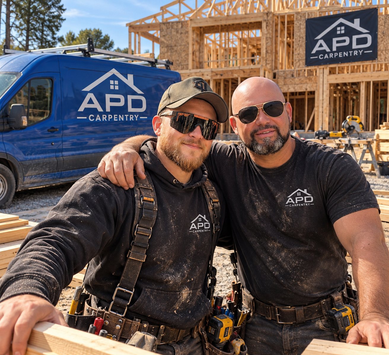 Anthony Dimatteo, owner of APD Carpentry, and his nephew Hendrix Wright, standing in front of a home under construction with their APD van and jobsite banner behind them