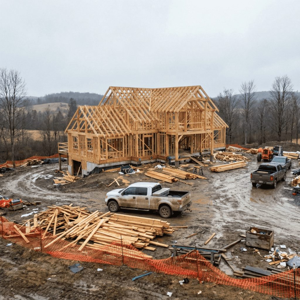 Framed two-storey country cottage with gable roof trusses on a rural lot